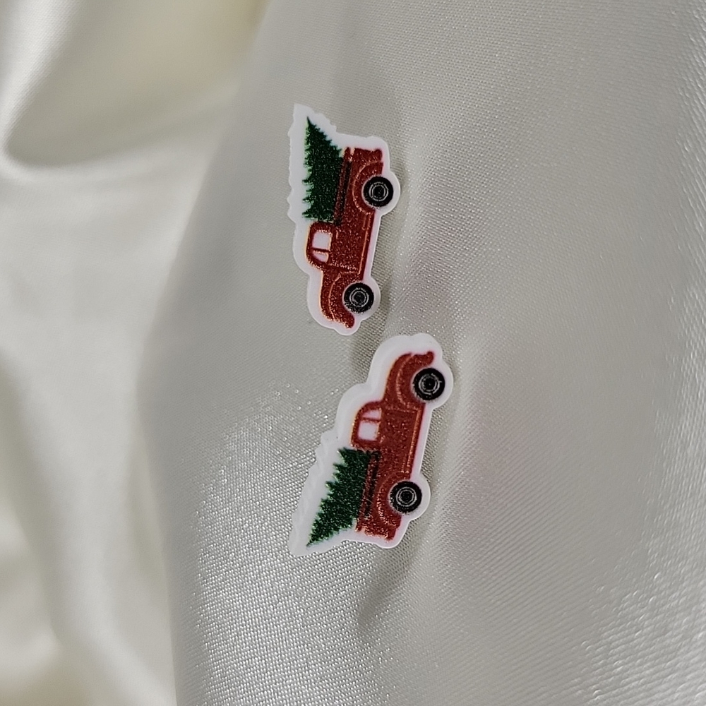 Farmhouse Little Red Truck and Tree Stud Earrings, lightweight - Picture 1 of 5